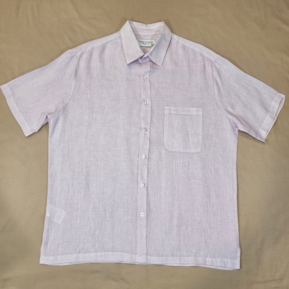 Haris Cotton 100% Linen Men's Button Up Shirt Short Sleeve Pink Size Medium